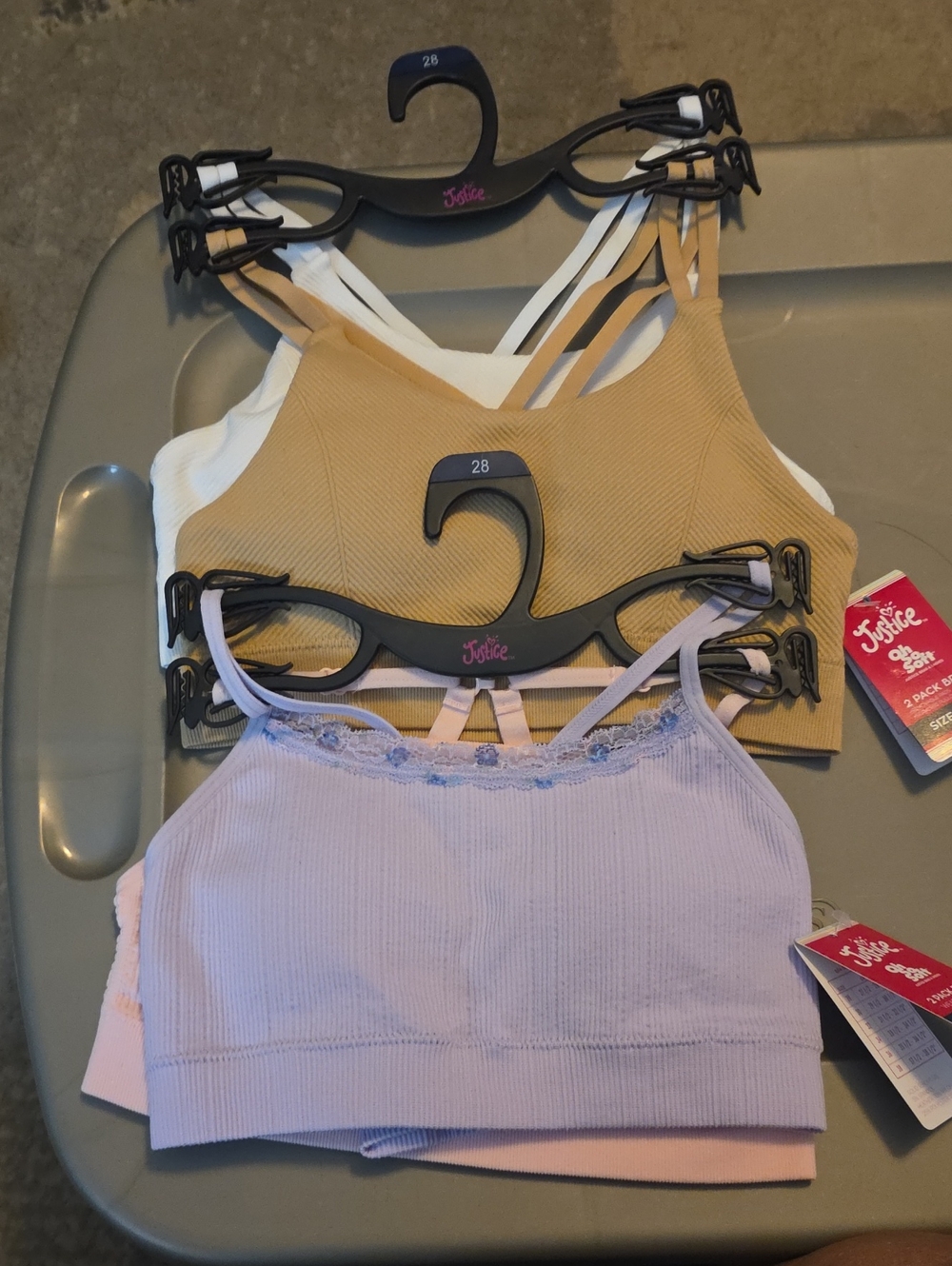 Girl's Sz 28 Justice Ribbed Bralette Pack - Lavender, White  Pink & Tan